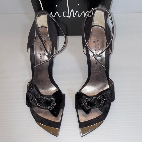 Luichiny Alice Chrome tip open toe Black Wedge w/ Black bows w/ Vintage buckles - Picture 13 of 15